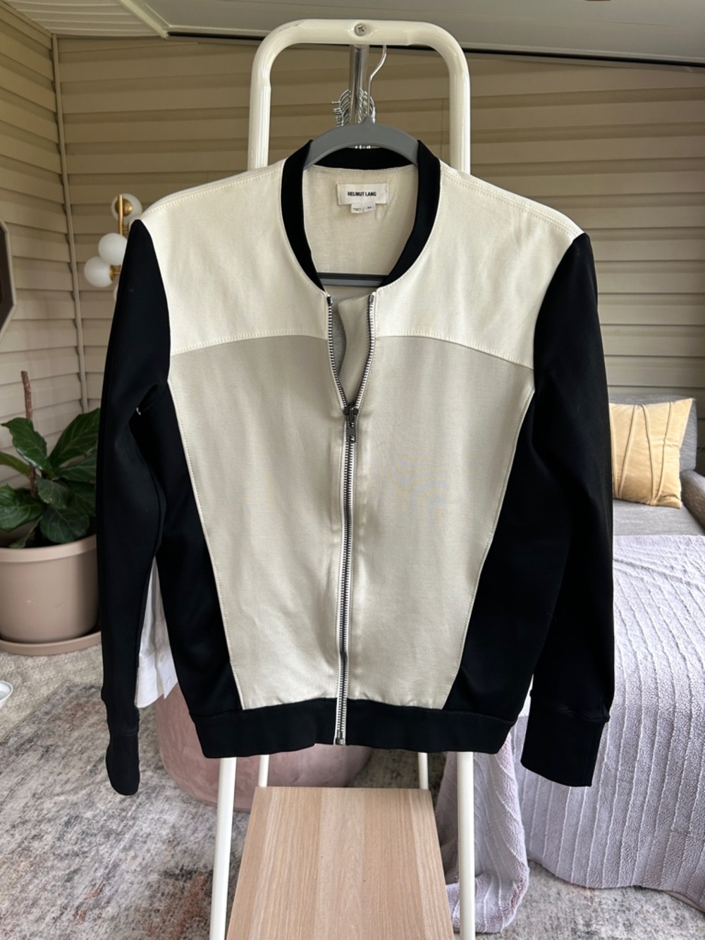 Helmut Lang Black and Cream Panel Zip Bomber Jacket
